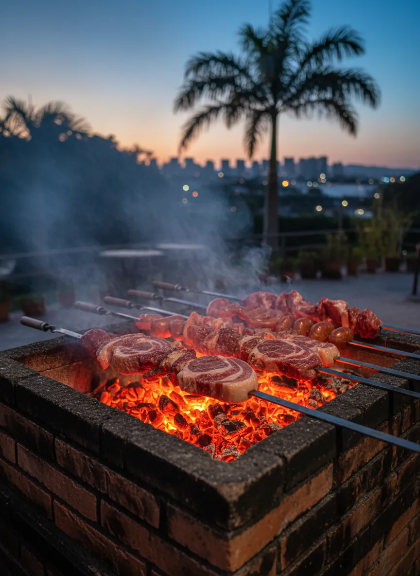 Ilustração: espetos de carne sobre o carvão em brasa numa churrasqueira de tijolos ao entardecer