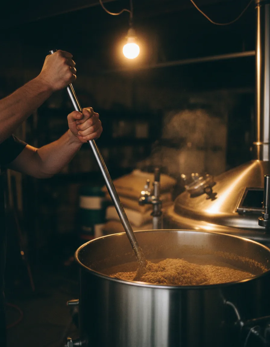 Mãos de cervejeiro mexendo a mostura com uma pá de aço numa panela de brassagem