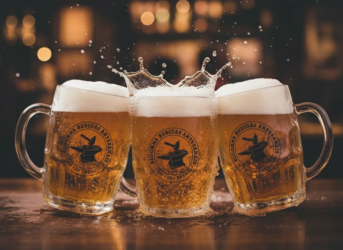 Três canecas de vidro com o carimbo da Bigorna, cheias de cerveja, num brinde sobre o balcão