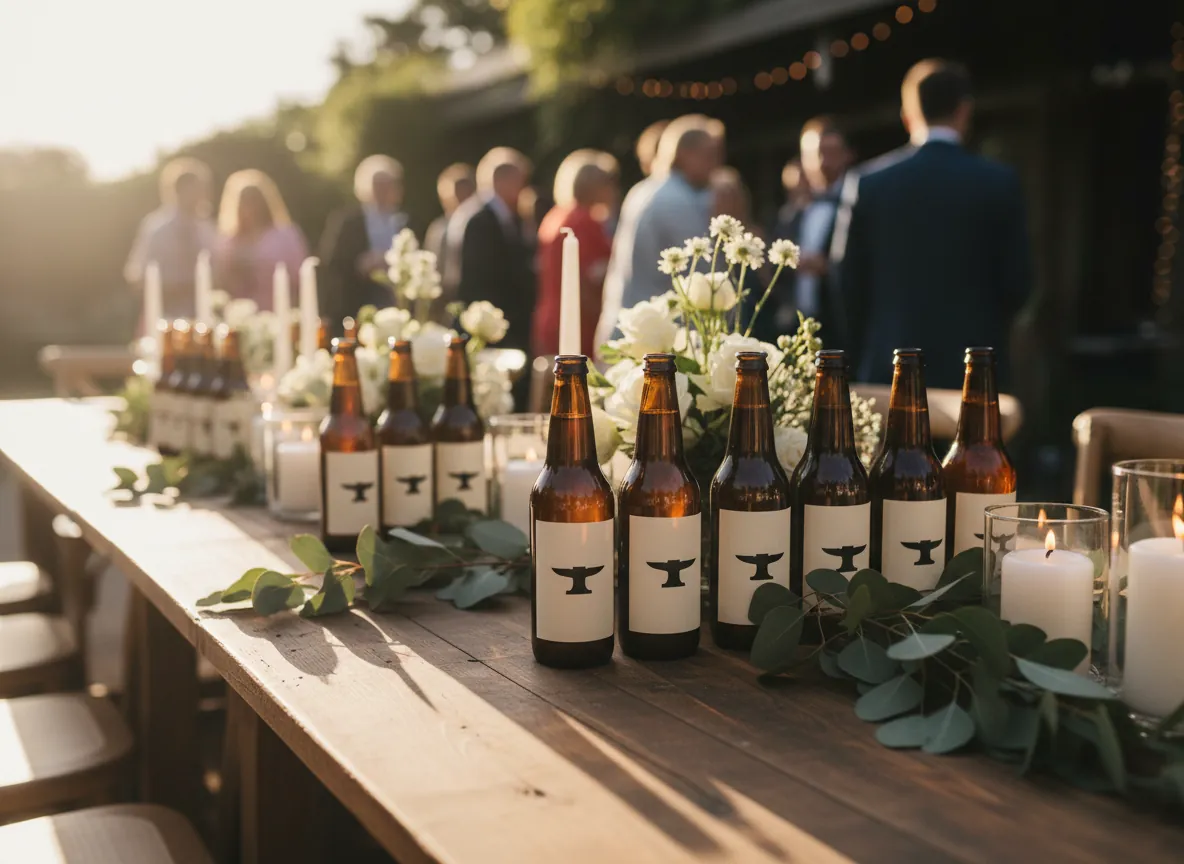 Mesa de casamento com garrafas de cerveja de rótulo creme enfileiradas entre flores e velas