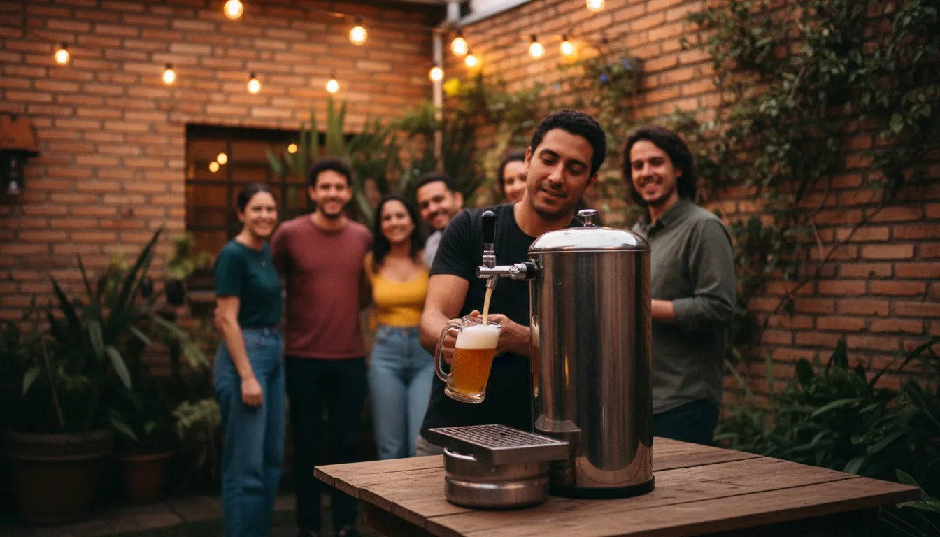 Festa de aniversário num quintal ao entardecer, com amigos em volta de uma chopeira de inox