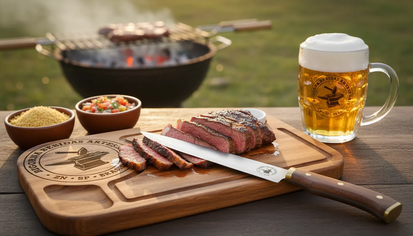 Ilustração: picanha fatiada sobre a tábua de corte, faca campeira e caneca de chopp, com a churrasqueira acesa ao fundo