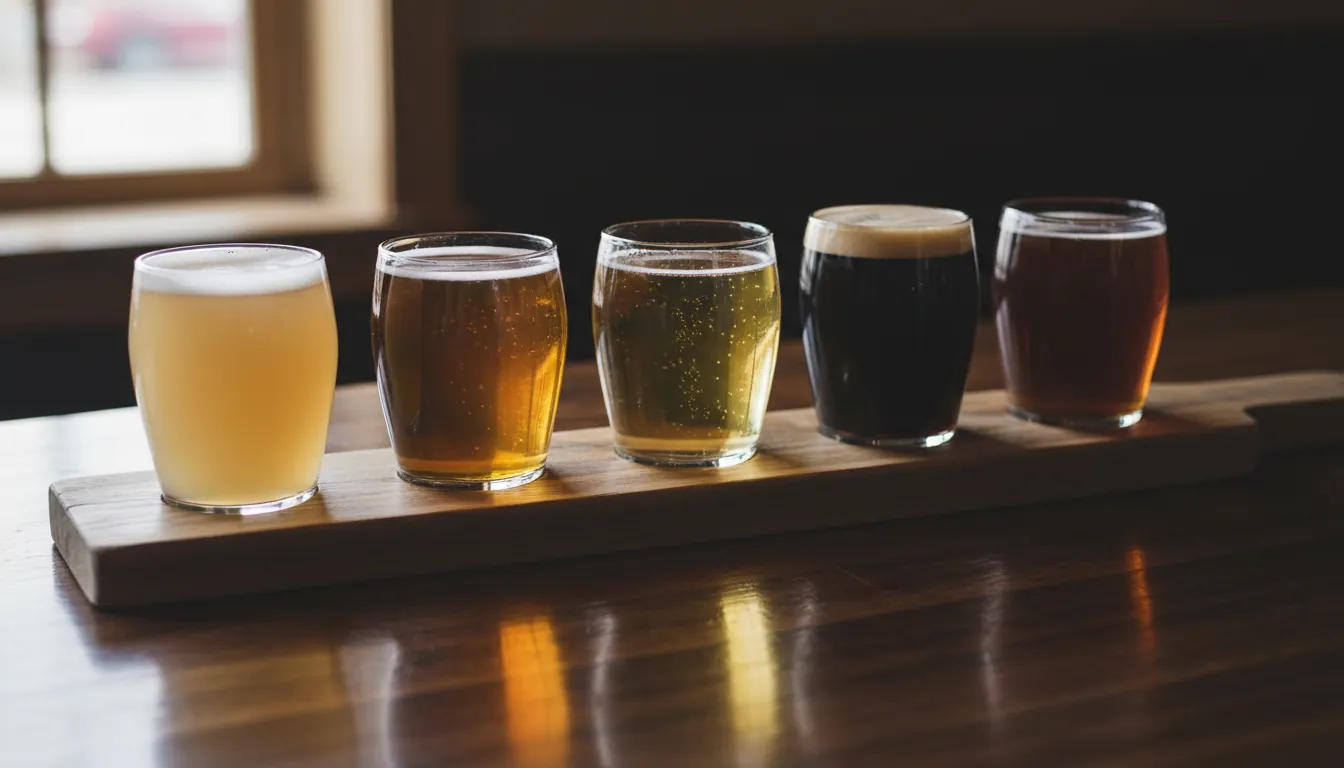 Ilustração: cinco copos de cerveja de cores diferentes, do claro ao escuro, sobre uma régua de madeira