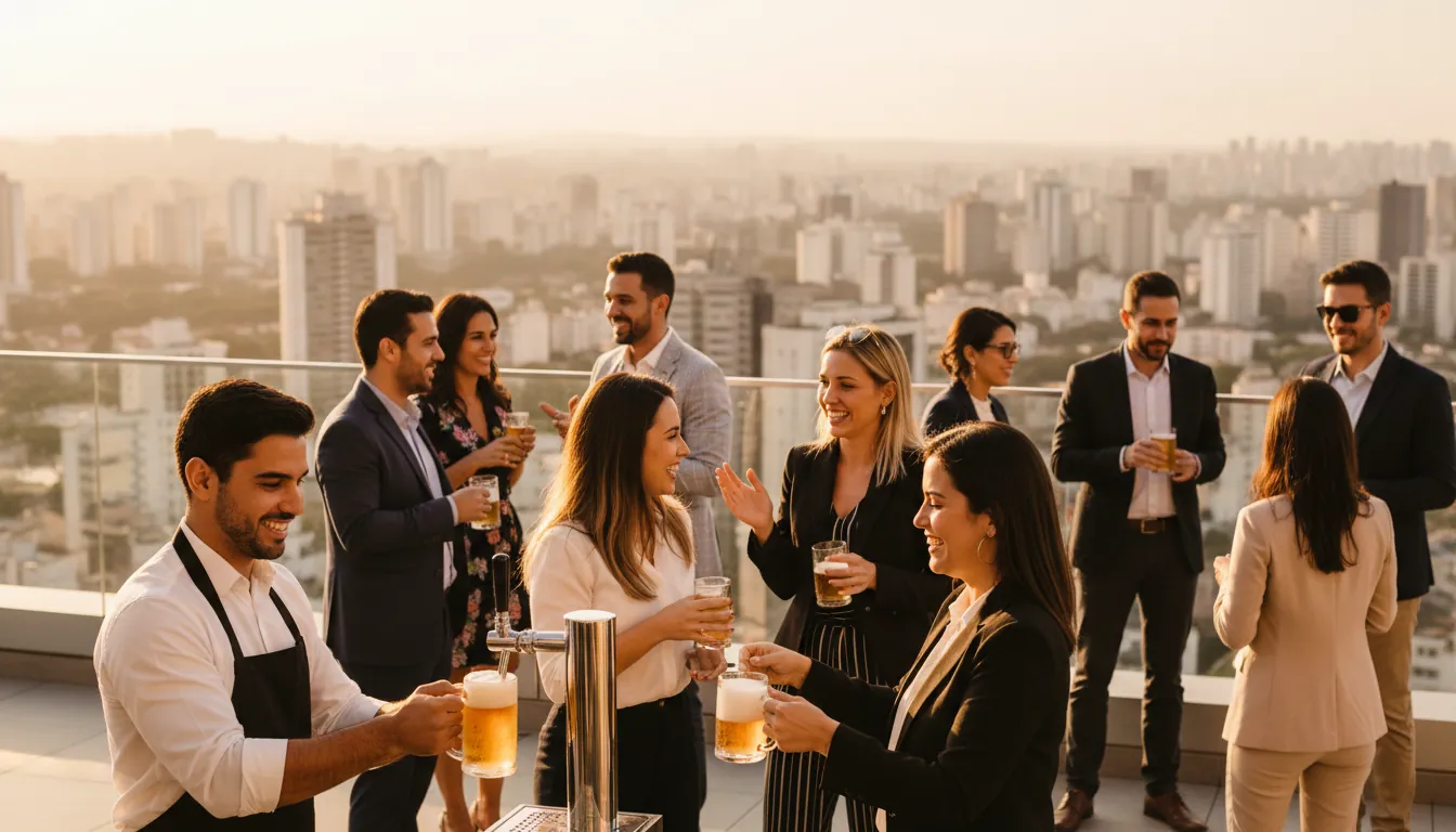 Profissionais num happy hour de empresa em um terraço, com chopp servido no balcão